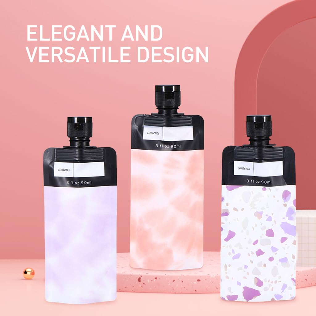 MAYCREATE 6Pcs Travel Bags 90ml Lotion Dispenser Travel Pouches Leak Proof Empty Squeezeable Pouches with Content Labels Refillable Toiletries Travel Pouches for Lotion Shampoo Cream Essential Oil