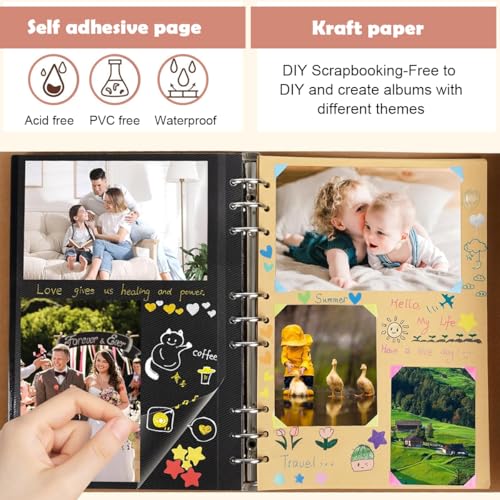 HASTHIP® DIY Photo Album Kit 52 Sheets 104 Pages Scrapbook Book with Vintage PU Leather Cover for 4-6 Photos Memory Wedding Baby Family Travel Birthday Christmas 104PCS