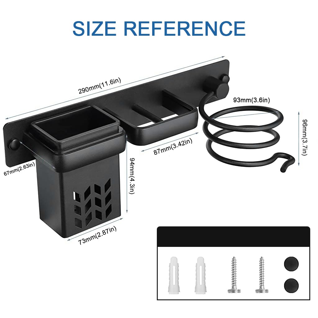 HASTHIP 3 in 1 Hair Dryer Stand Hair Dryer Holder for Wall, Wall Mounted Hair Dryer Rack, Blow Dryer Holder, Hair Dryer Rack & Hair Styling Care Tool Organizer - Storage Basket with Plug Hook, Black