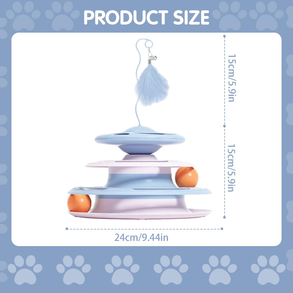 Qpets Cat Turntable Toy, 3 in 1 Cat Interactive Toys-Cat Teaser Stick, Double Track Turntable Ball, Detachable Snack Dispenser, PP Material Cat Amusement Plate Puzzle Pet Cat Toy