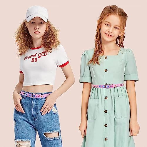 PALAY® 2 Pack Belt For Girls Stylish Pu Leather Flower Hollow Cut Waist For Jeans Pants Dress Kids 6-12 Years Old Multi 2PCS