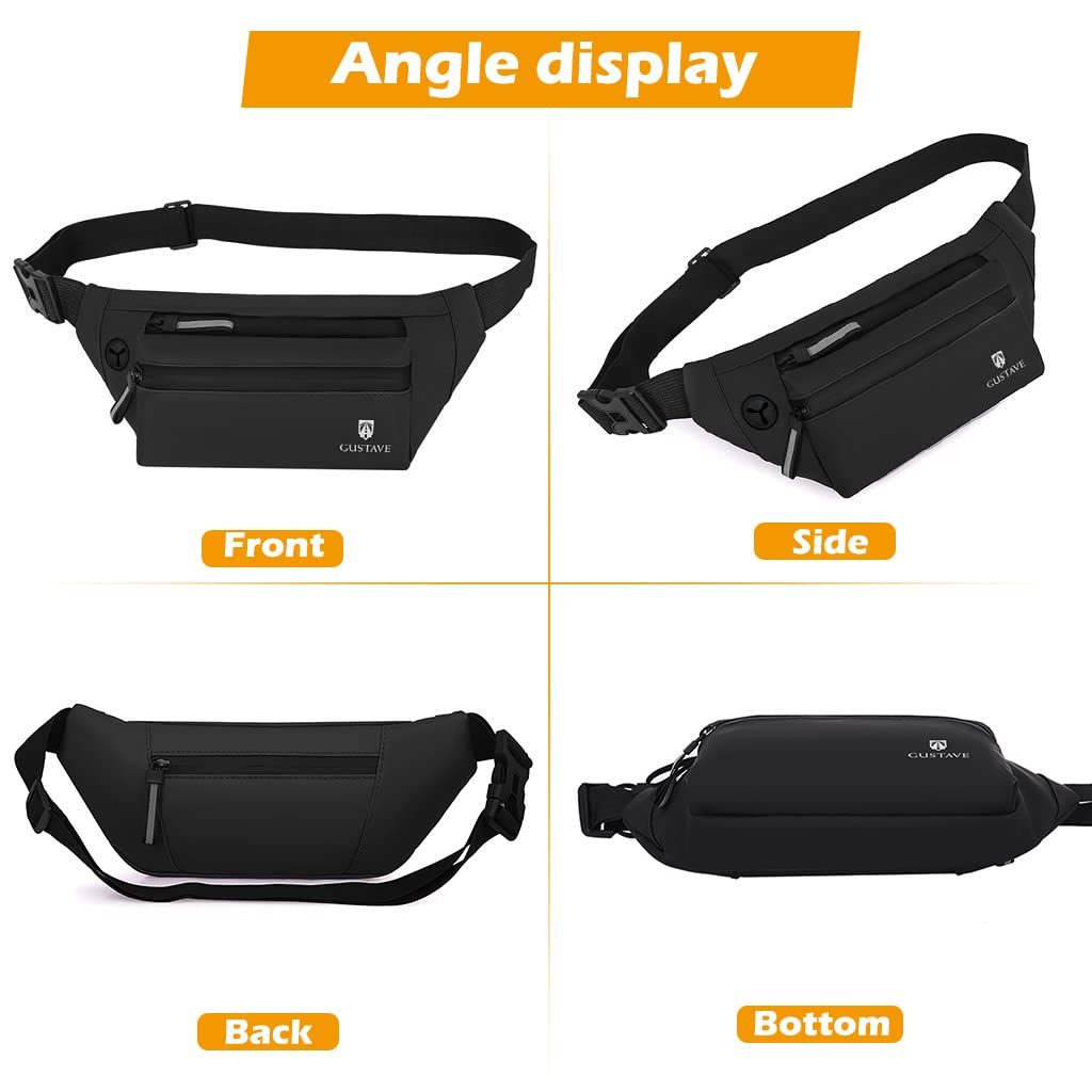 GUSTAVE Waist Bag for Men Women with Adjustable Strap and Headphone Jack, Large Waterproof Chest Bag Fanny Pack for Hiking Travel Camping Running Sports Outdoors with 4-Zipper Pockets