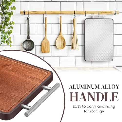 HASTHIP 1PACK Double Sided Stainless Steel and Ebony Wood Cutting Board - Anti-Bacterial Wood Chop with Metal Handel, Premium Stainless Steel Cutting Boards for Kitchen, 42.5x30.5x2cm