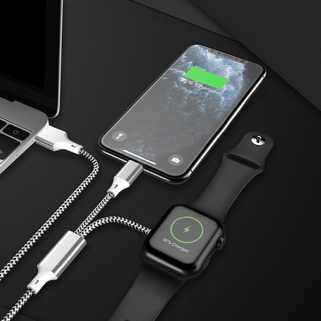 ZORBES 2-in-1 Smart Watch Charger for Apple Watch Charger for Apple Watch Se/6/5/4/3/2/1&for iPhone 14/13/12/11/Pro/Max/Xr/Xs/X/Airpods Series for Apple Watch Charger Cable Charging,3.3Ft,Silver