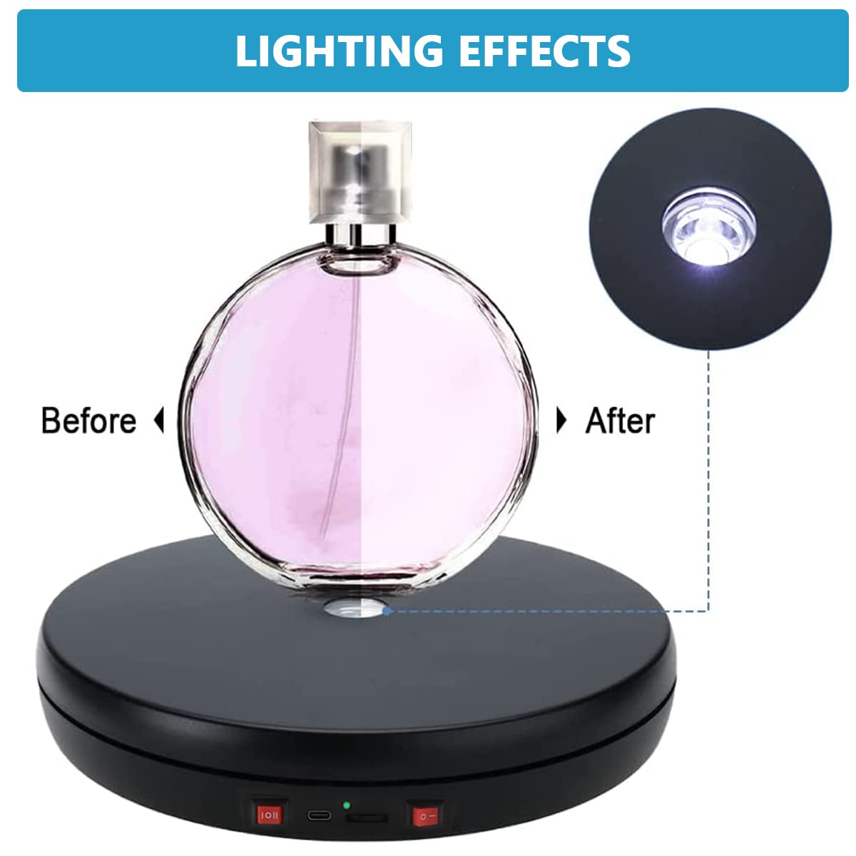 Supvox 1Pcs Rotating Display Stand with LED, 9.8'' USB Charge 360 Degree Rotating Turntable, Adjustable Speed Multi-Functional Rotary Table for Photography, Jewelry, Cake and Collectibles, 20kg Load