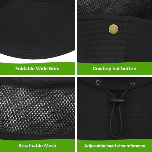 Proberos® UPF50+ Sun Hat for Men Women Lightweight Quick-Dry Booney Hat with Breathable Mesh Wide Brim Chin Strap Waterproof UV Protection for Fishing Hiking Travel Outdoor Adventures 3PCS Black