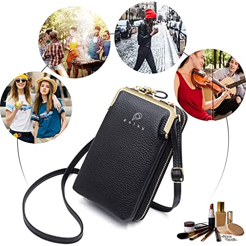 PALAY Women Crossbody Phone Bag Ladies Wallet Small Soft PU Leather Cell Phone Purse Mini Shoulder Bag with Strap Card Slots (Black)