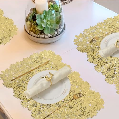 HASTHIP 6pcs Golden Daisy Placemats Floral Embossing Dinning Table Placemats PVC Grease-Proof Decorative Placemats Multipurpose Placemat for Party, Festival, Gathering