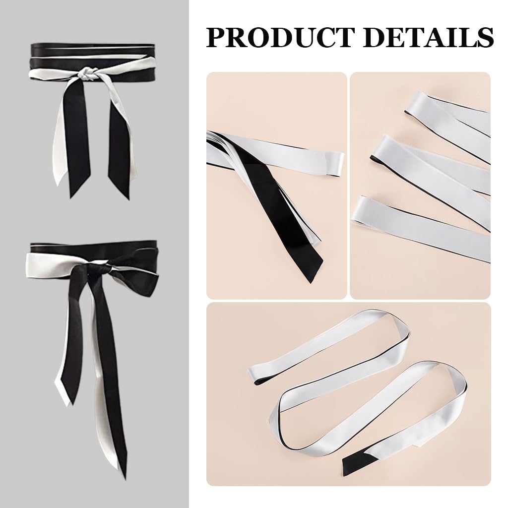 PALAY Chiffon Sash Belts Black and White Set of 2pcs Chiffon Sash Belts Luxury Silk-touch Waist Belt Dress Sash Belt for Dresses, Blouses, Evening Dress, 1.5 inches x 125 inches