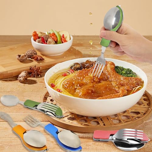 Proberos® 4 in 1 Tableware for Camping, Folding Fork & Spoon Cutter with Bottle Opener, Food Grade Stainless Steel Folding Tableware, Aluminium Handle, Travel Outdoors Multifunctional Tool