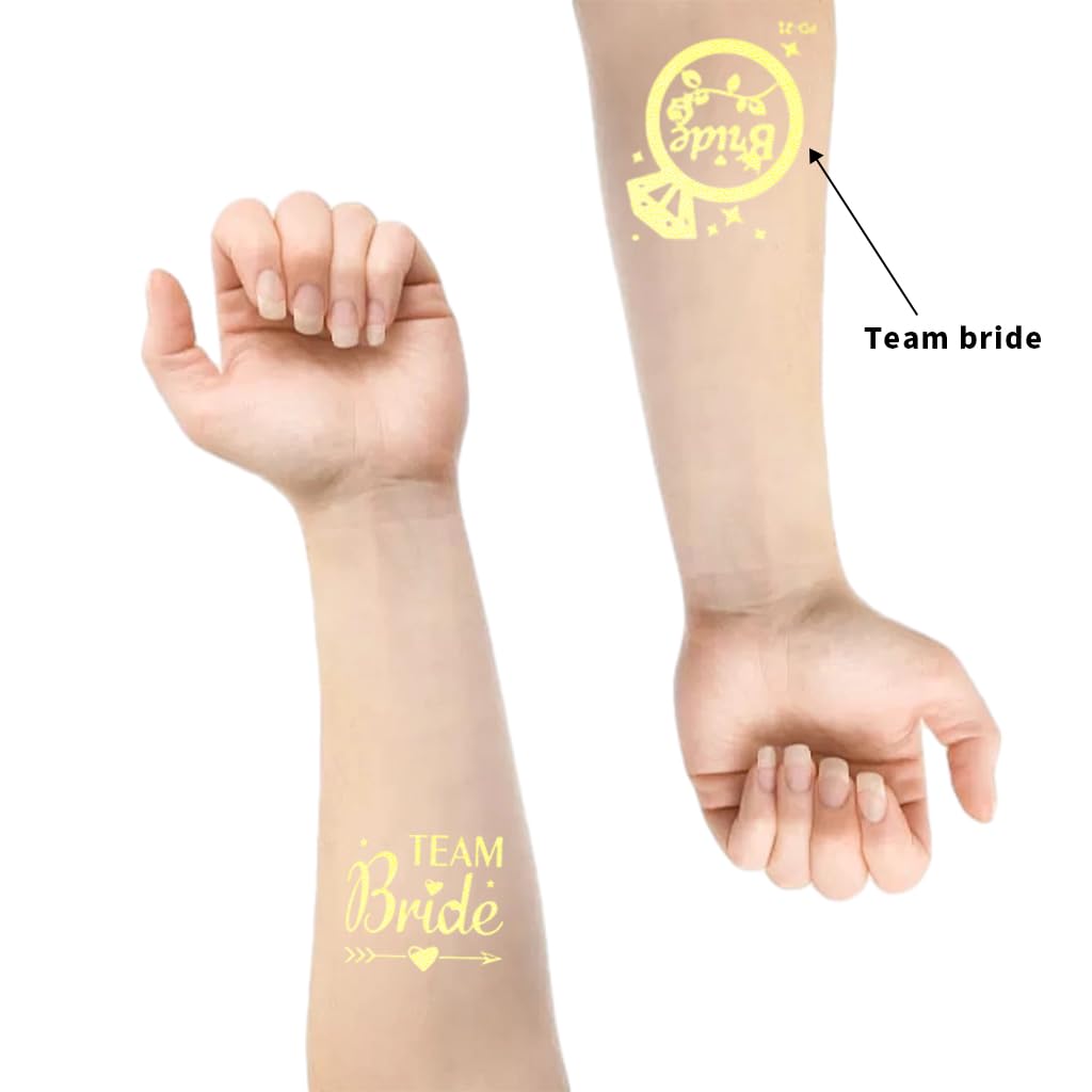 MAYCREATE 32 Sheet Bride Tribe Temporary Tattoo Stickers, Cheers Bride to be Props for Bachelorette Party, Metallic Gold Team Bride Bridesmaid Makeup Tattoos, Room Decoration