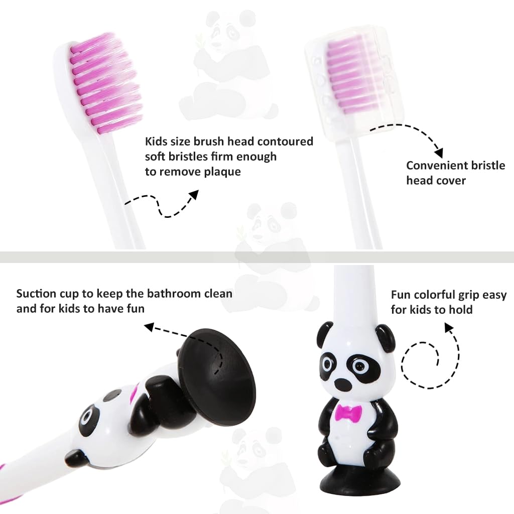 HANNEA 6pcs Kids Toothbrush Soft Bristle Toothbrush for Kids Suction Cup Design Kids Toothbrush Cartoon Panda Handle Toothbrush for Kids 2-6 Years Old Boys and Girls