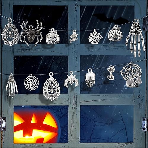 SANNIDHI 80pcs Charms for Jewellery Making, Antique Alloy Silver Pendants, Assorted Skull Pumpkin Bat Witch Jewelry Charms Kit for Necklace Bracelet DIY Halloween Accessory