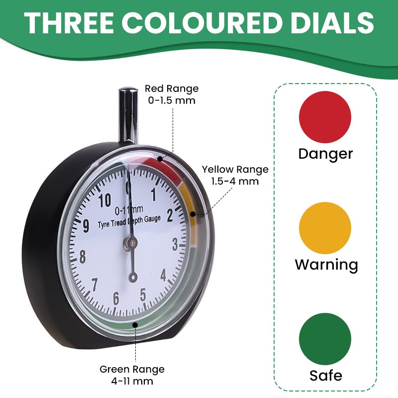 STHIRA® Tyre Tread Depth Gauge, 0-11mm Round Tyre Pressure Dial Gauge UK in MM Measuring Rod with Pouch