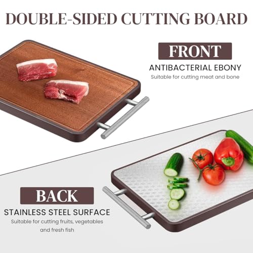 HASTHIP 1PACK Double Sided Stainless Steel and Ebony Wood Cutting Board - Anti-Bacterial Wood Chop with Metal Handel, Premium Stainless Steel Cutting Boards for Kitchen, 42.5x30.5x2cm