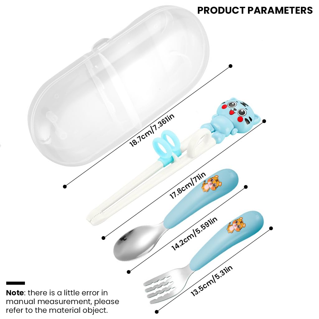 SNOWIE SOFT Baby Spoon and Fork Set for Toddler Kids with Chopsticks & Case, 304 Stainless Steel with PP Cartoon Handle Utensils Set for Baby Feeding, Training Self Feeding, Safety and BPA Free