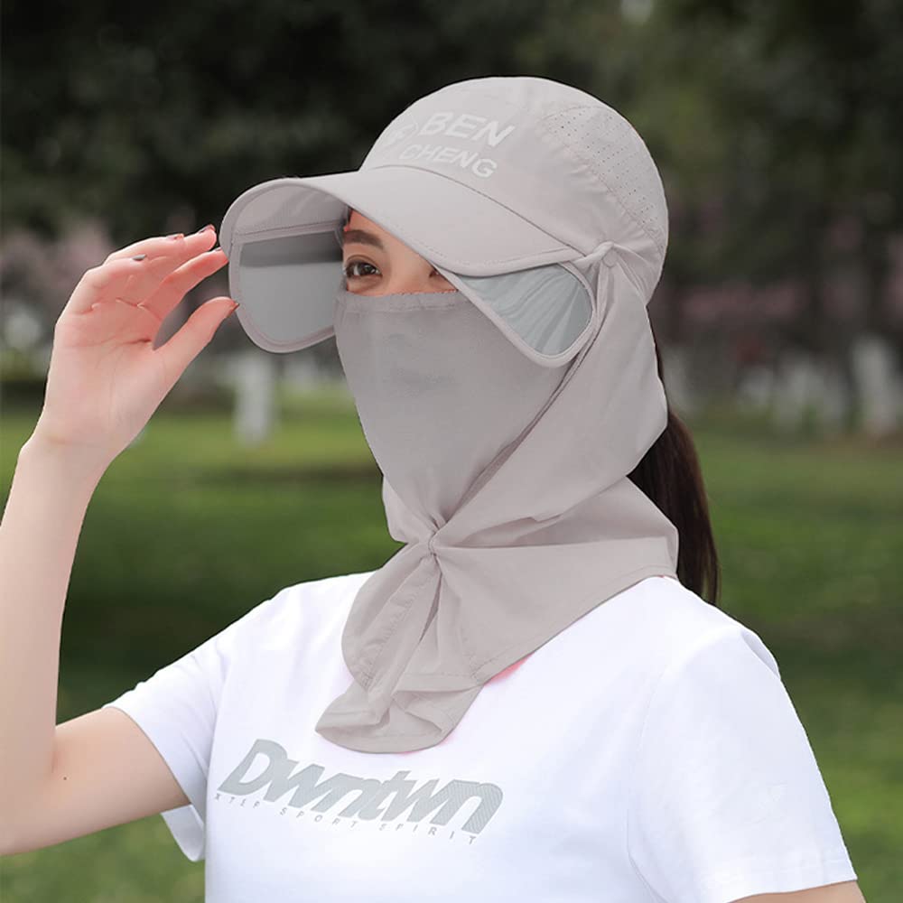 PALAY Sun Hat for Women Wide Brim Sun Cap with Removable Face Neck Cover Flap, Breathable Sun Protection Visor Hats for Beach Fishing - Grey