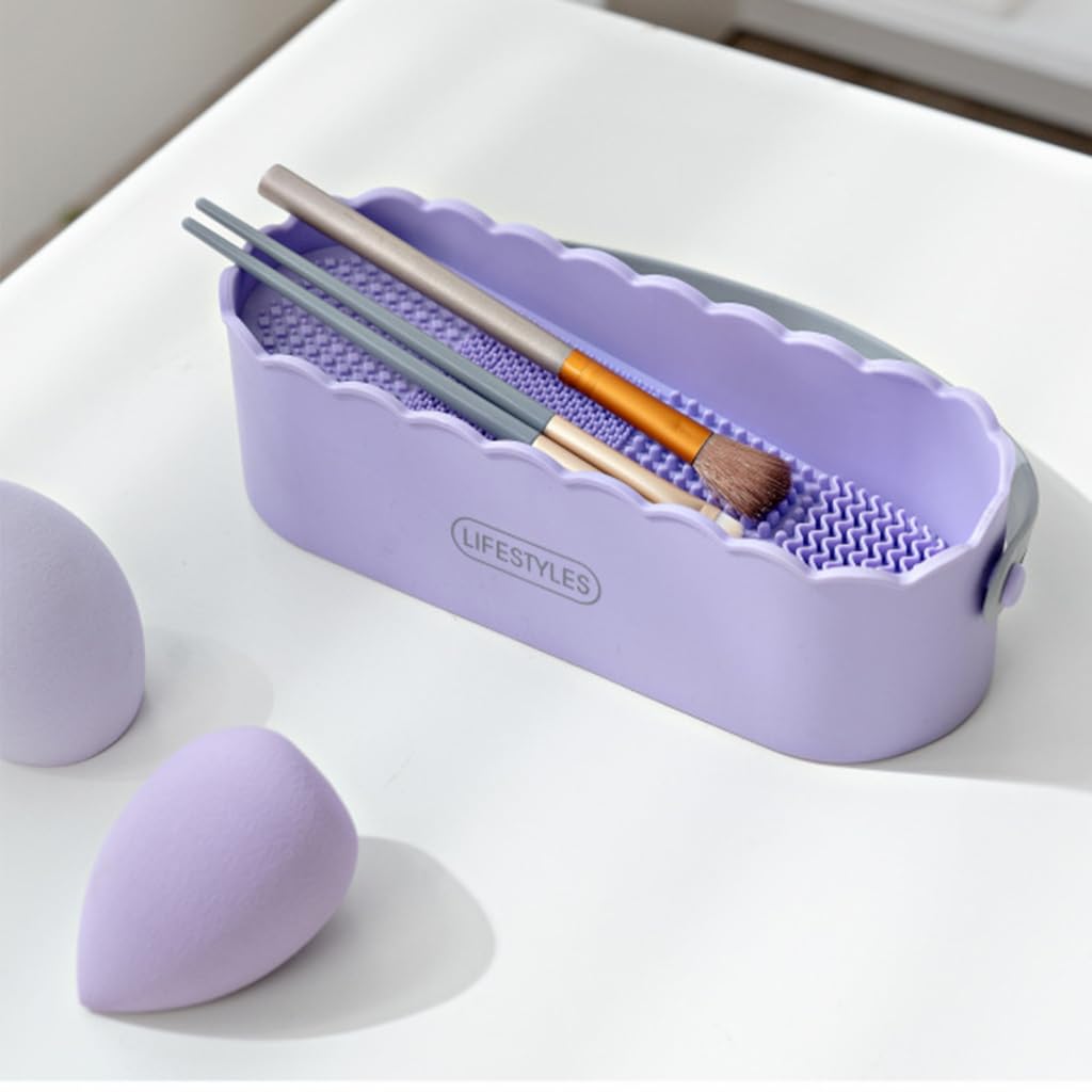 ZIBUYU Makeup Brush Cleaner, Makup Brush Cleaner Basket Double Side Multifunctional Silicone Makeup Brushes for Cleaning & Air Drying Makup Brush Cleaning Box Makeup Organizer Drying Rack