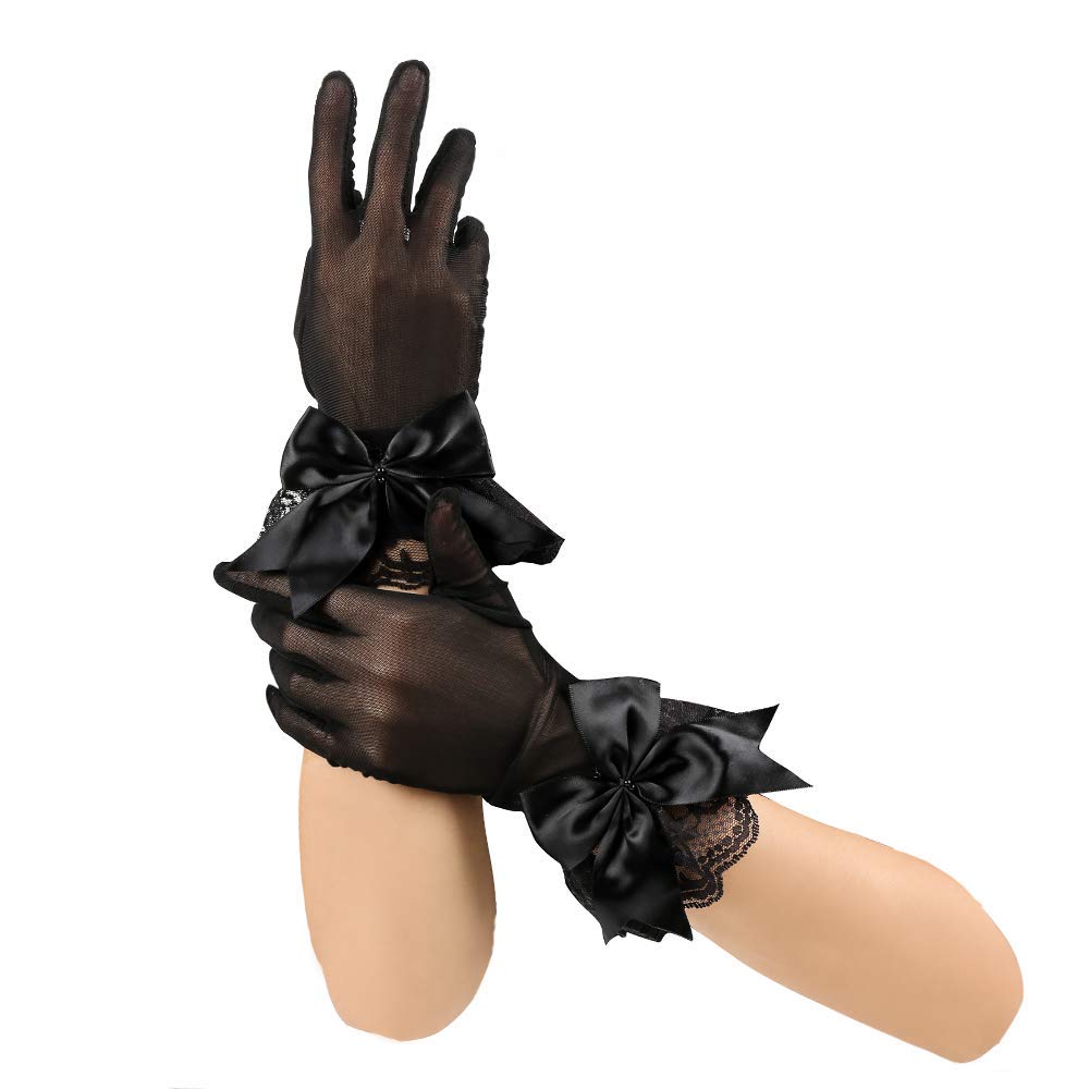 PALAY 1 Pair Lace Gloves for Women Girls Black Gloves,Butterfly Bow Design Elegant Bridal Short Mittens for Wedding Party Festival Photography
