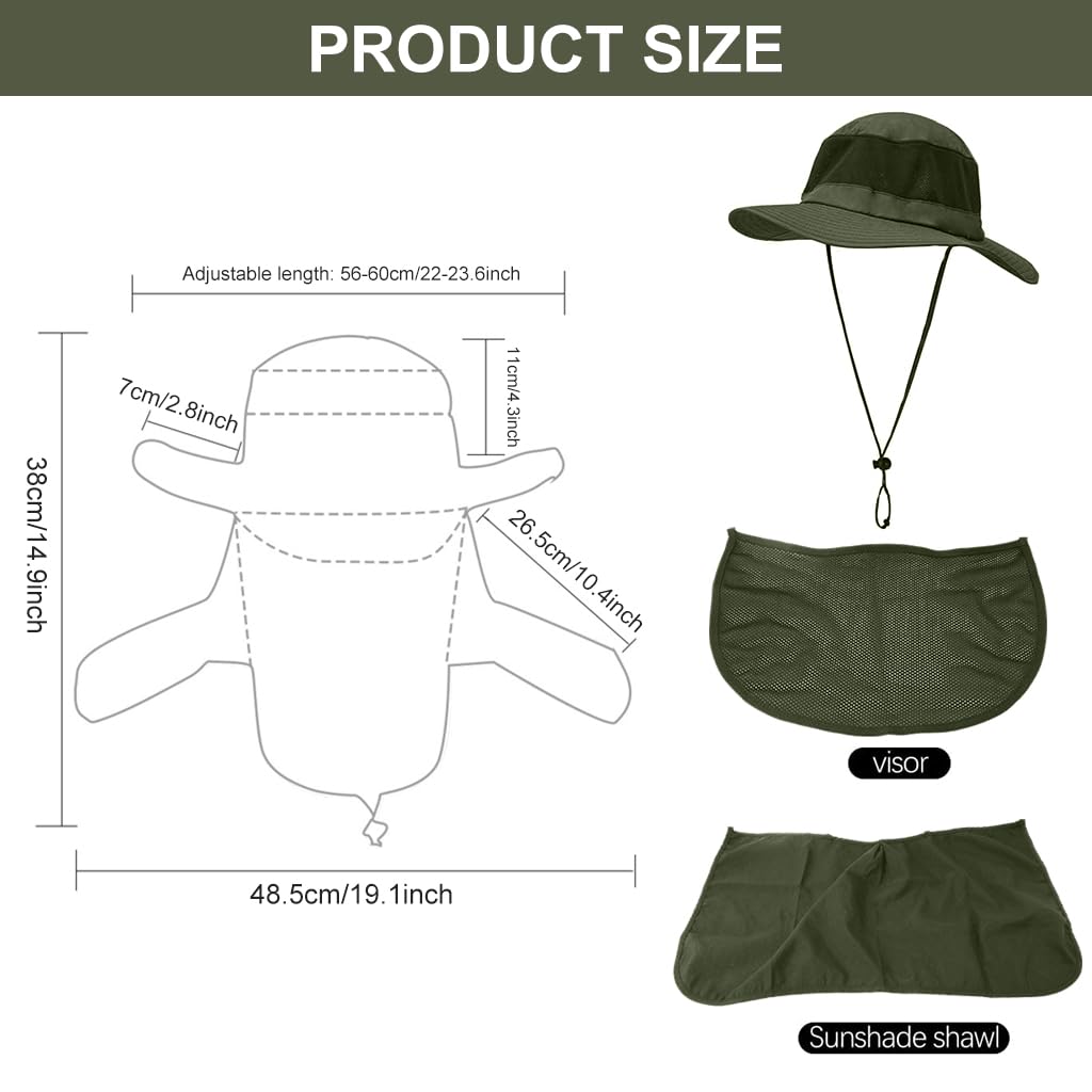 GUSTAVE Wide Brim Summer Hat with Detachable Neck Flap & Mesh Face Cover UV Sun Protection Outdoor Breathable Lightweight Summer Hat for Camping, Hiking, Fishing, Adjustable 21.6