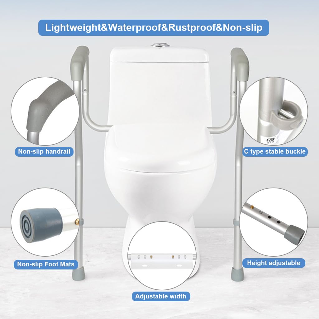 HANNEA Toilet Seat Handrail Adjustable Toilet Handrail Assembly Aluminum Alloy Toilet Grab Bar Anti-slip Stand Up Assist Toilet Grab Bar for Elderly, Pregnant Women Universal Toilet Handrail