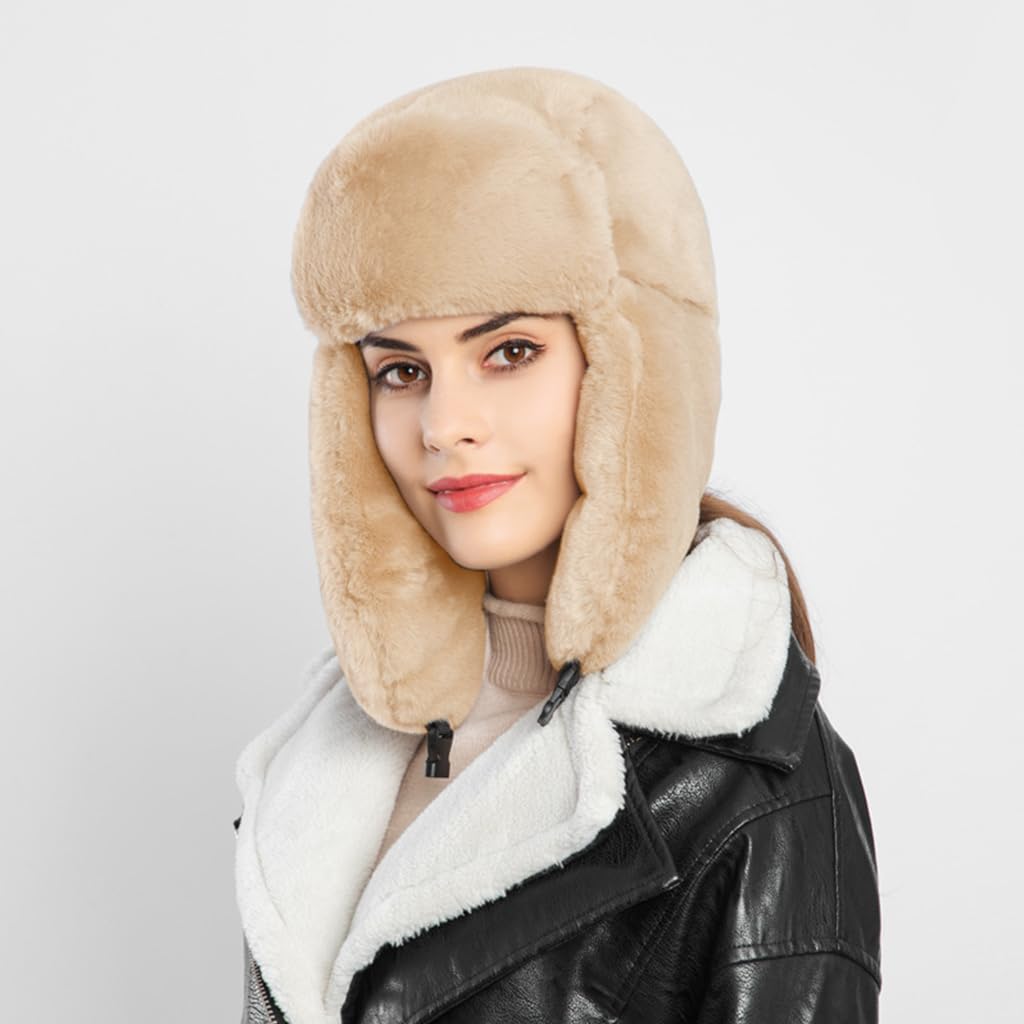 PALAY Winter Warm Hat Trapper Hat Fleece Warm Hat Motorcycling Hat Unisex Windproof Winter Cap for Men and Women Fashion Plush Trapper Hat Christmas Gift Off-White