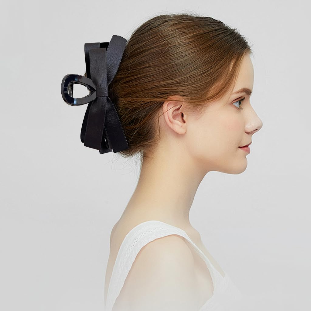 PALAY Bow Hair Clips for Women Stylish 5'' Large Bow Clutcher for Women Hair Satin Hair Bow Clips for Women Girls Big Hair Claw Clip Clamp - Black