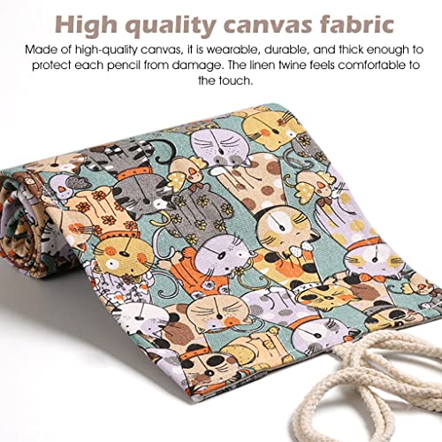 HASTHIP Canvas Pencil Wrap Case, Pencil Roll Wrap, Pencil Holder with 48 Slots, Colored Cartoon Prints Roll Up Pencil Pouch Gift for Students Sketching Drawing Writing Storage (Without Pencil)