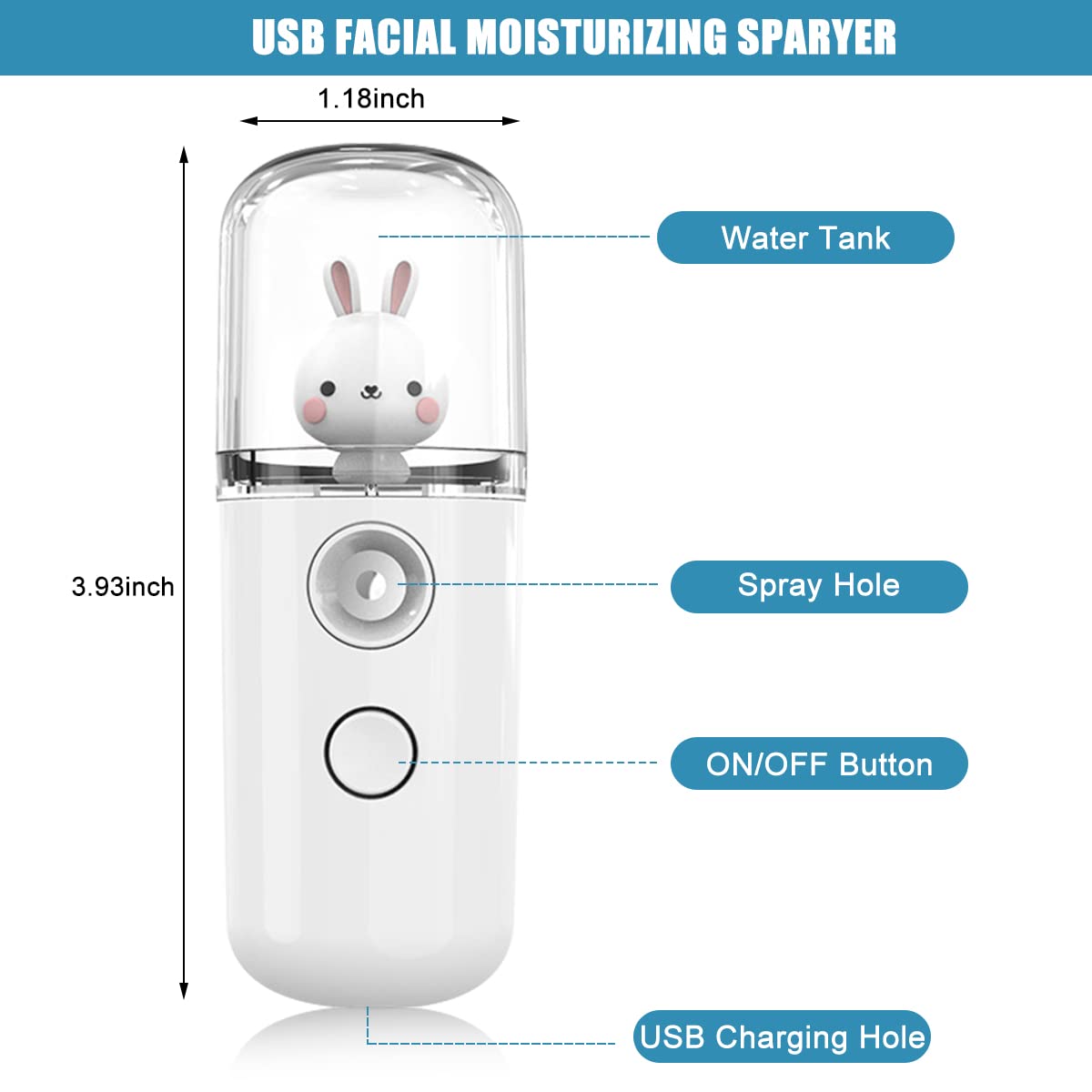 MAYCREATE Facial Nano Mist Sprayer USB Portable Mini Face Mist Steamer, Cartoon Bunny 30ml Facial Sprayer Rechargeable Portable Skin Care Moisturizing Spray Machine