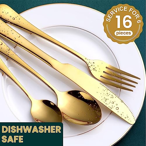 HASTHIP 16 Pcs Cutlery Set, Knives, Dinning Spoon and Fork, Food Grade Stainless Steel Flatware Cutlery Set for Home, Kitchen and Restaurant, Mirror Polished, Dishwasher Safe (Gold)