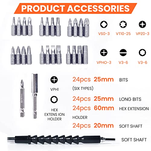 Verilux Handheld Electric Screwdriver Kit - 4V Cordless Electric Screwdriver, LED Work Light, 26 pieces Screwdriver Bits, Screw Adapter, Tool Case, USB C Cable, Power Screwdriver(Grey)