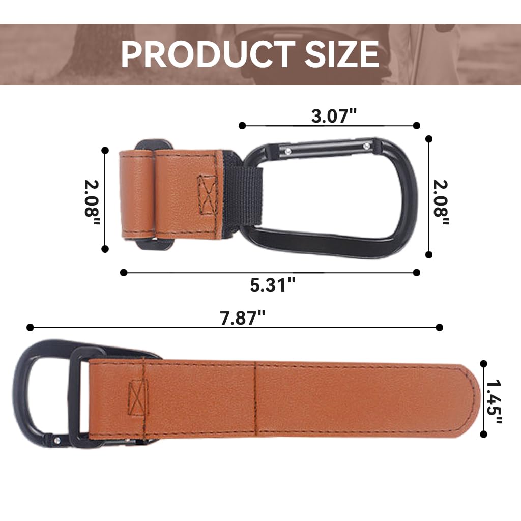 SNOWIE SOFT 2Pcs Stroller Hooks Quick Release Handle Bar Carabiners for Hanging Items Adjustable Hook and Loop Closure Leather Stroller Hooks Bag Hanging Hooks for Stroller, Pram, Pushchair