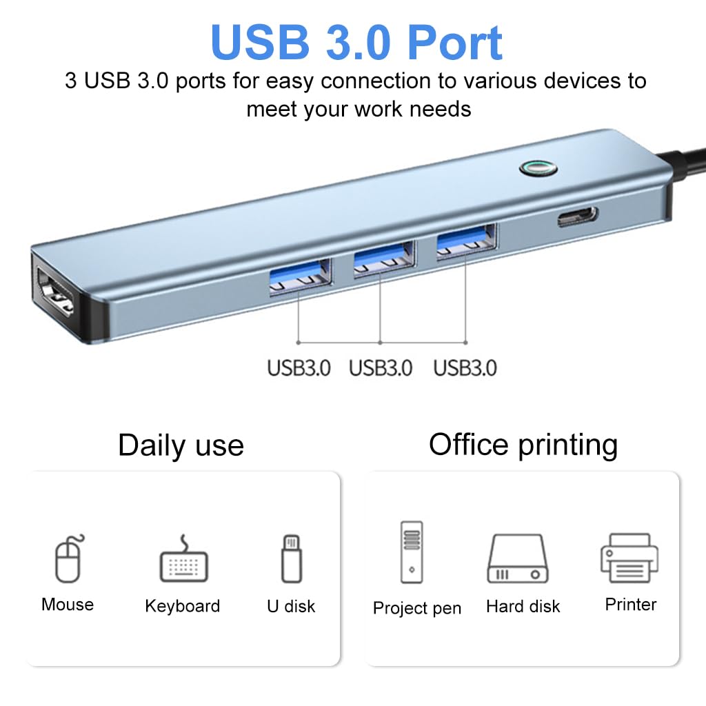 Verilux USB C HUB 5 in 1 USB C to HDMI Adapter with 4K HDMI, 3.0 USB Adapter Multiple Port PD 100W Charging One-Button Screen Off USB Type C Hub for Laptop, MacBook Pro Air, iPhone 15 Max Pro Plus