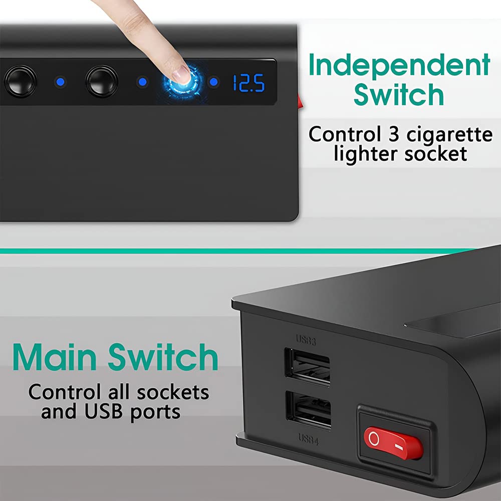 STHIRA Car Charger, 180W 3-Stocket Cigarette Lighter Splitter with 4 USB Ports 12V/24V Cigarette Lighter Adapter with Separate Switch Voltage Monitor & Replaceable Fuse for GPS/Dash Cam/Phone