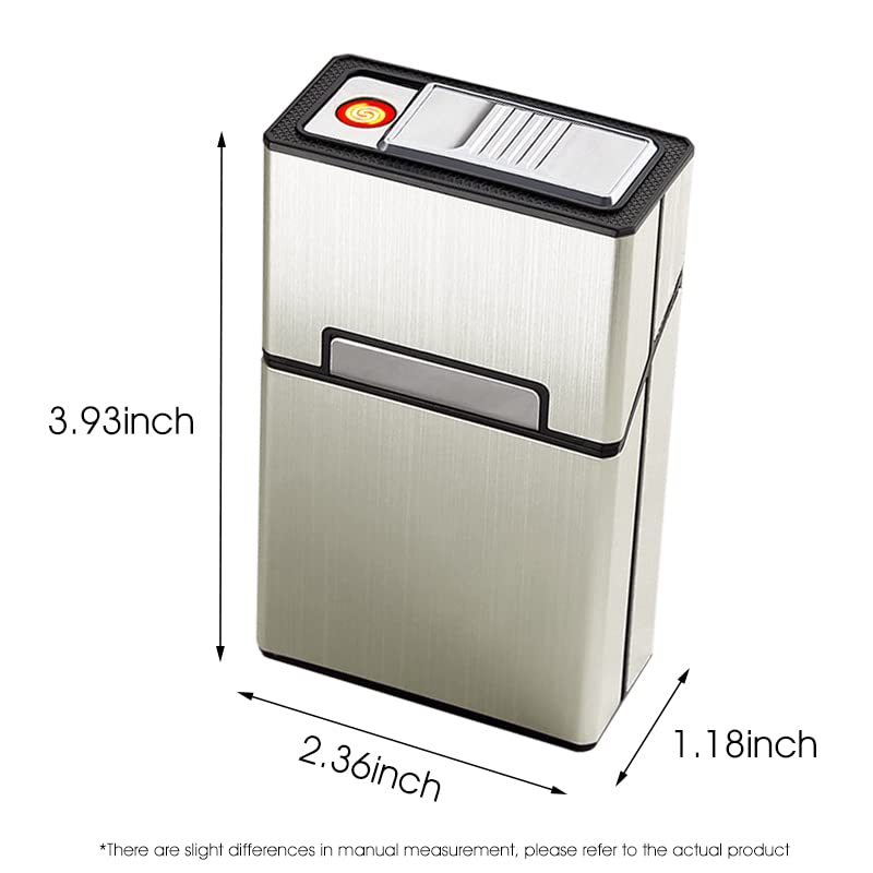 GUSTAVE Brushed Aluminum Cigarette Case with USB Electric Lighter, Portable Cigarette Box for Whole Package 20pcs Cigarettes, Flameless Lighter, Moisture-Proof and Scratch(Golden)