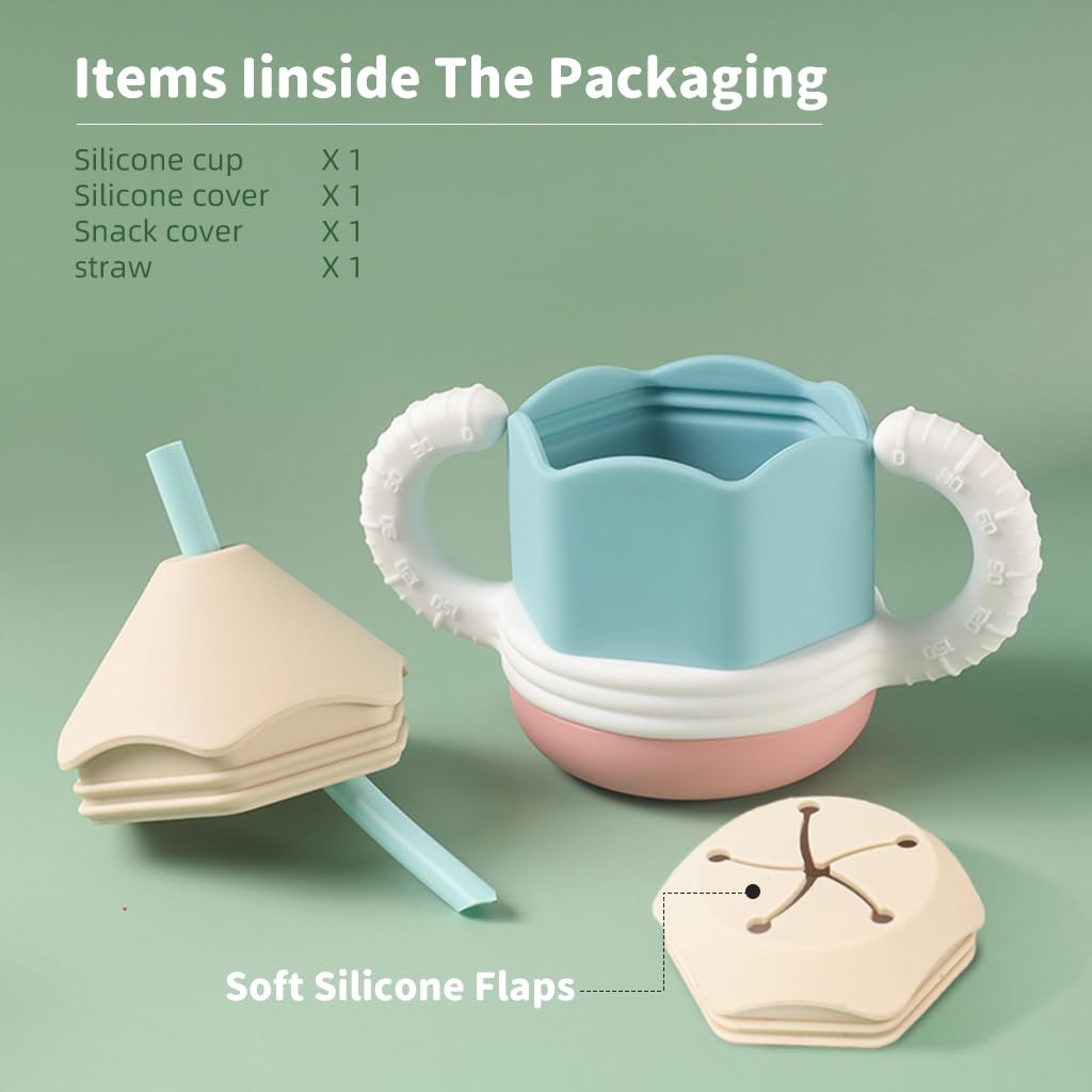 SNOWIE SOFT Silicone Cup for Baby Portable Silicone Training Cup with Ears Baby Cup with 2 Lids, Soft Silicone Straw Bottle for Kids, BPA-Free, Spill Proof Non-Slip Sippy Cup for Toddlers