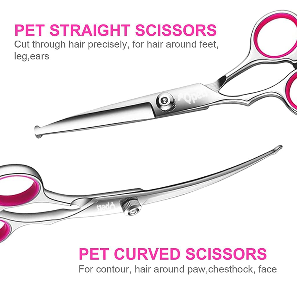 Qpets Dog Grooming Scissors Kit with Safety Round Tips Stainless Steel Professional Dog Grooming Shears Set - Thinning, Straight, Curved Shears and Comb for Long Short Hair for Dog Cat Pet (4 PCS)