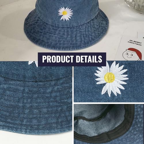 PALAY Women Bucket Hat Embroidery Daisy Flower Denim Bucket Hat Sun Hat Casual Outdoor Sun Cap Wide Brim Hat