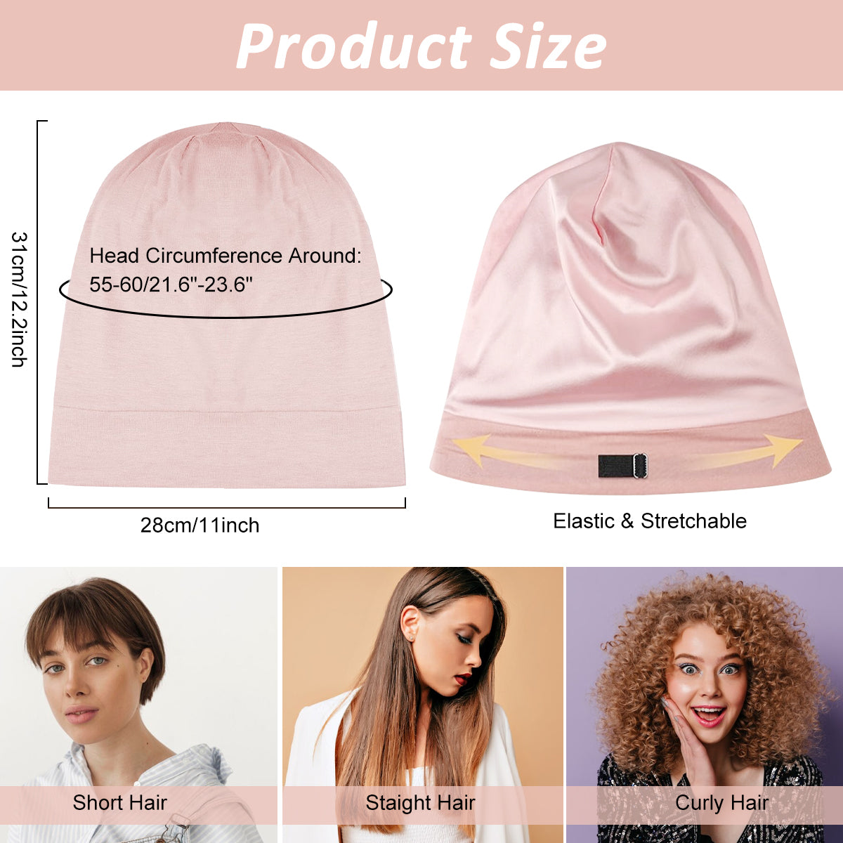 SANNIDHI Sleeping Cap for Women, Bamboo Fiber Silk Hair Care Cap for Sleeping, Stretchy Postpartum Hair Wrap Cap for Long Hair (Pink)