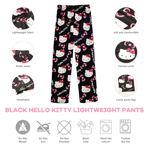 SANNIDHI® Pyjama Pants for Women, Cartoon Kawaii Kitty Print Ultra-Soft Cotton Lounge Pants Comfy Casual Pajama Bottoms with Elastic Waistband Lounge Pants Sleepwear, 2XL, Black