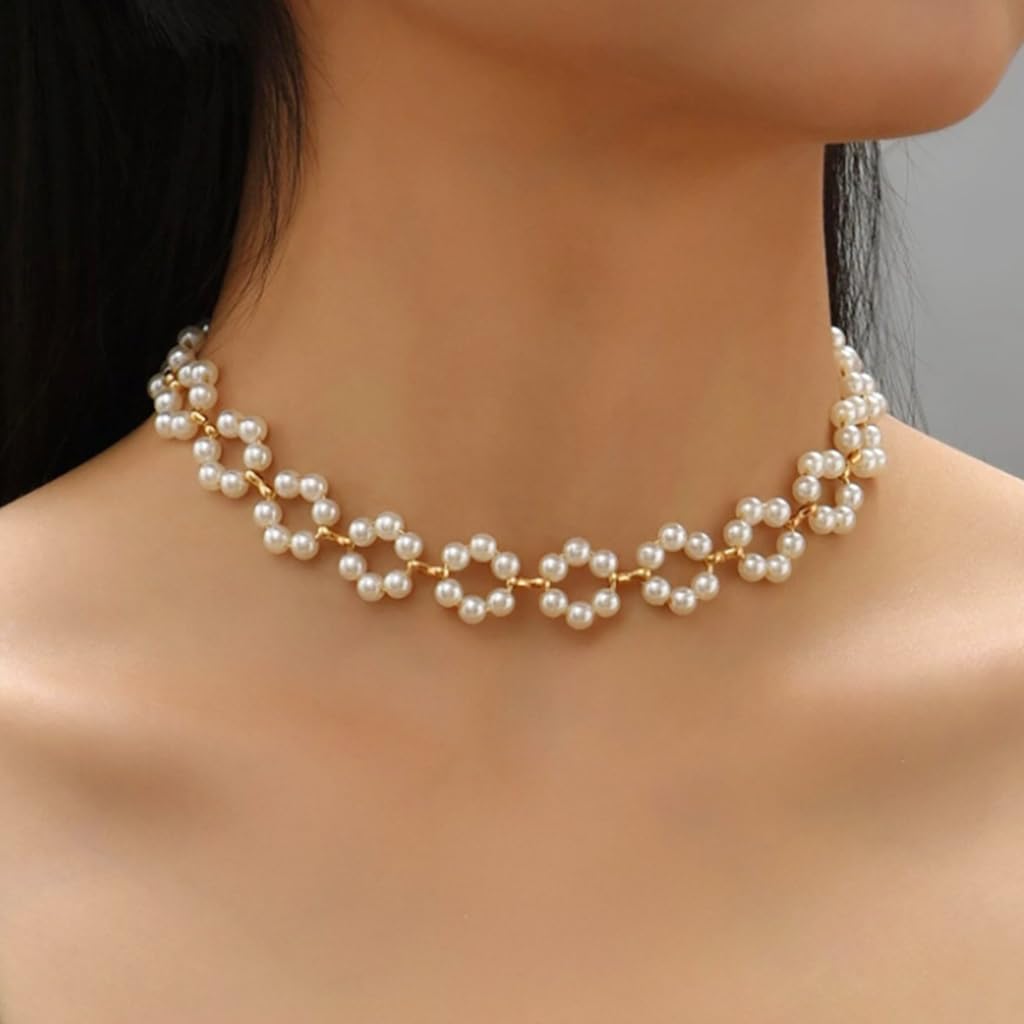 ZIBUYU Pearl Necklace for Women Girls Stylish Golden Choker Necklace for Women Floral Chain Pendant Necklace with Adjustable Chain Western Necklace Jewellery Birthday Gift for Women, Girls, Wife