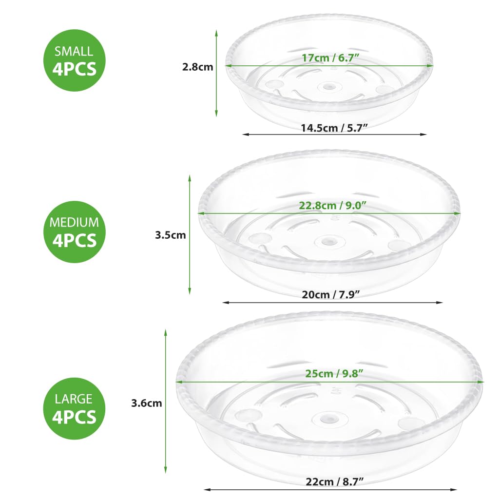 HASTHIP 12pcs Plant Plates for Pots with Grooves, 4 Sizes Pots Drainage Tray for Plants, Reusable Round Plastic Plates for Plant Pots (6.7''/8.9''/9.8'')