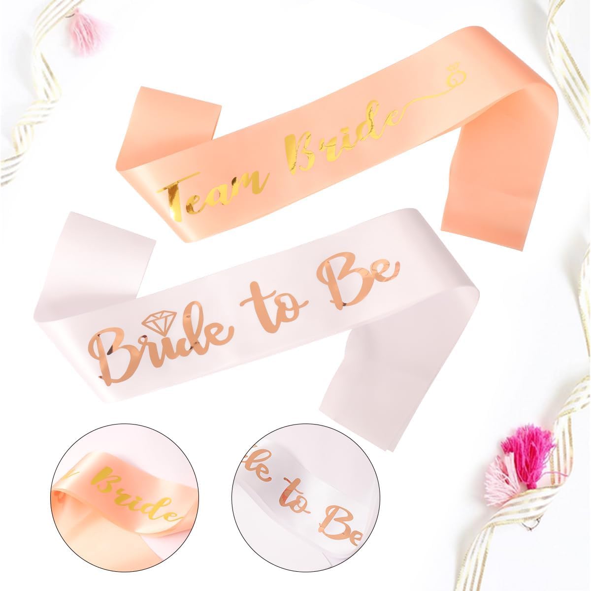 PALAY Bride to Be Decoration Set Combo, Include 1 Bride to be Sash, 10 Team Bride Sash, Headband Tiara and Veil, Bachelorette Party Supplies Bridal Shower Games Accessories Kit
