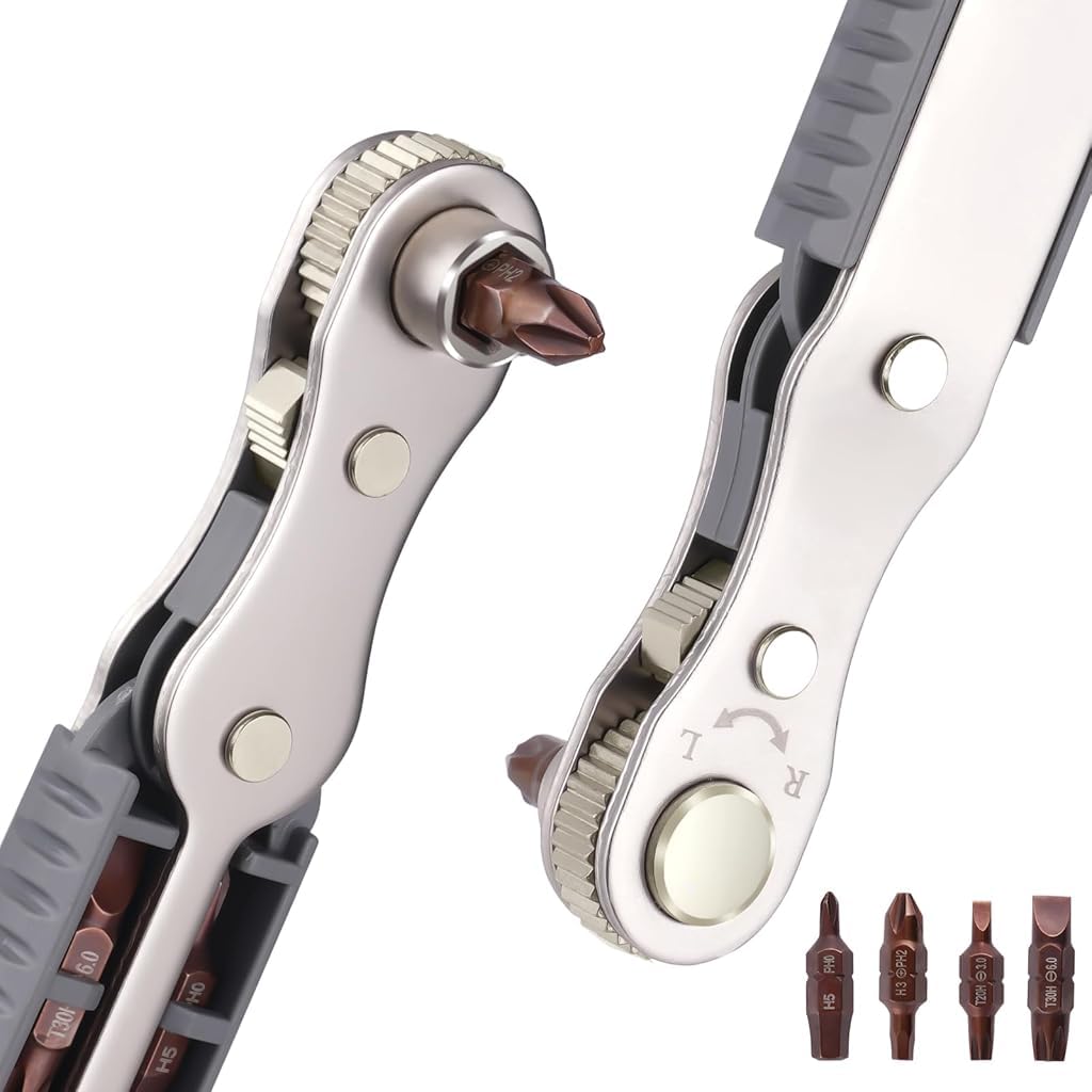 Serplex Handy Ratchet Wrench Set 1/4 Inch Drive Ratchet Wrench with 4 Screwdriver Bits High Torque Reversible Ratchet Wrench with with Phillips, Slotted, Hex, Torx for Tight Spaces