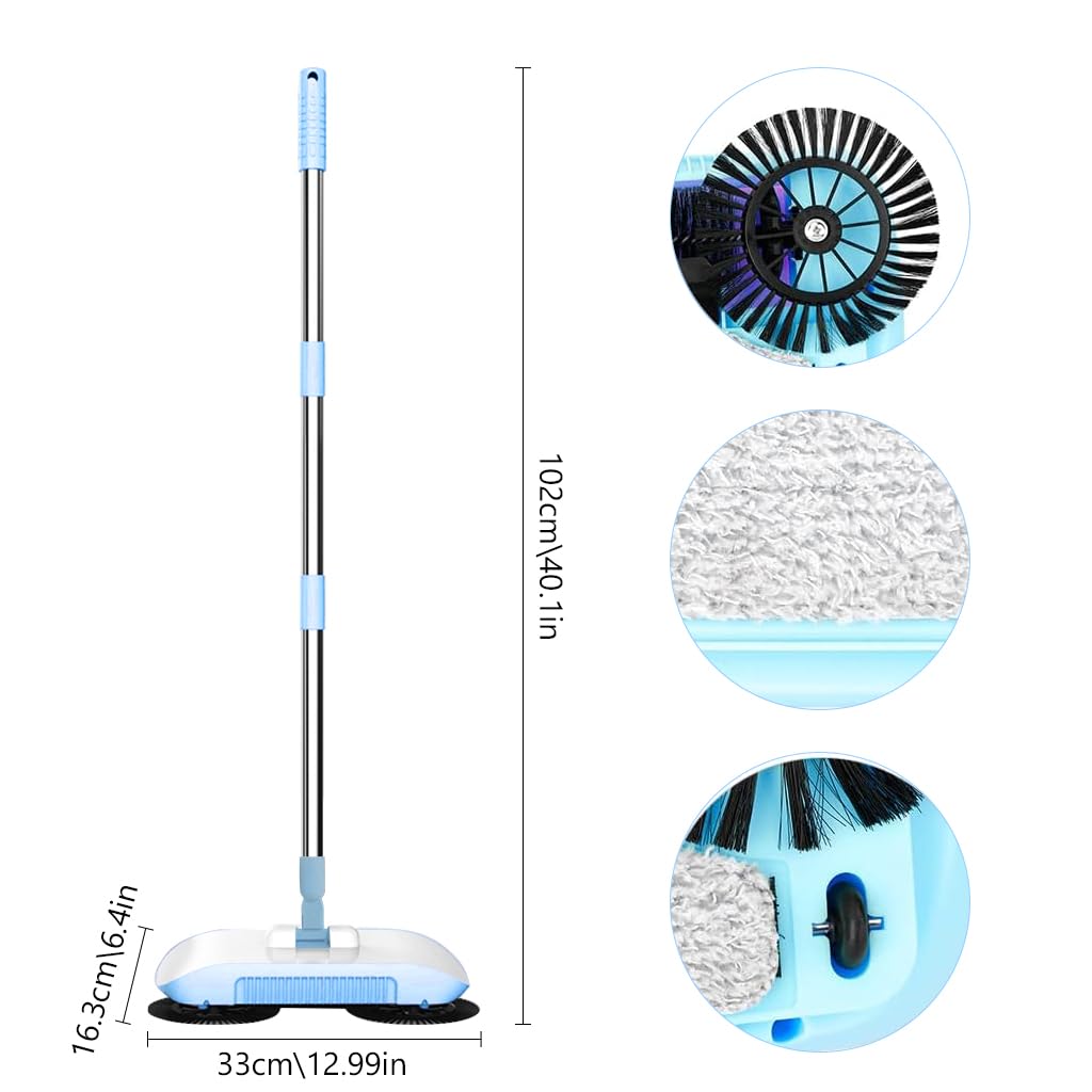 HASTHIP Manual Floor Sweeper & Mop, 2 in 1 Non-Electric Hand-Push Vacuum with 180° Spiral Dual Brushes, Sweeping Mop Crumb Sweeper for Carpet Floor Clean (Blue)