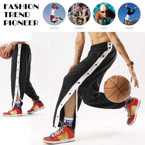 GUSTAVE Men's Trousers Sport Pants Casual Trousers Side Button-up Design Summer Fashion Breathable Men Trousers Elastic Waist Men's Casual Sport Trousers, XL, Black