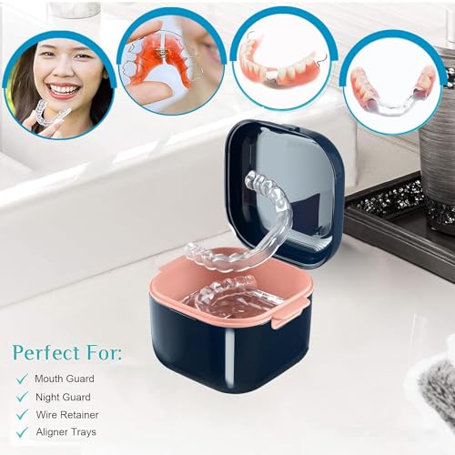 HASTHIP® Denture Case Bath Cup Box Holder Storage Soak Container with Strainer Basket for Travel Retainer Cleaning Blue Not Leakproof 3PCS