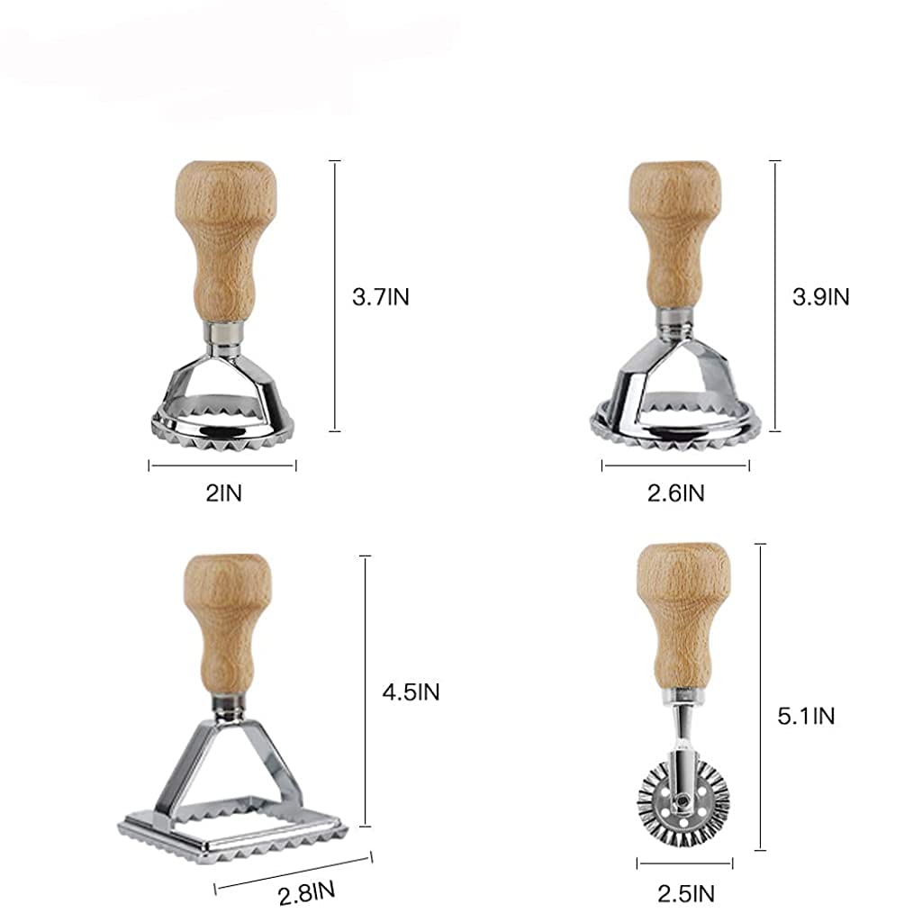 HASTHIP Ravioli Stamp Wooden Handle Set, Dough Slicer Pastry Cutter DIY Cookie Cuter, Ravioli Maker Cutter Stamp, Mold with Wooden Handle and Fluted Edge (4 Set with Cutter)