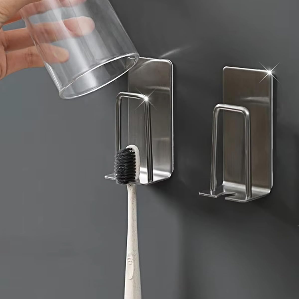 Serplex 4Pcs Bathroom Toothbrush Cup Holders 2 in 1 Bathoom Stainless Steel Cup Holder Toothbrush Rack Self Adhesive Toothbrush Cup Drain Rack