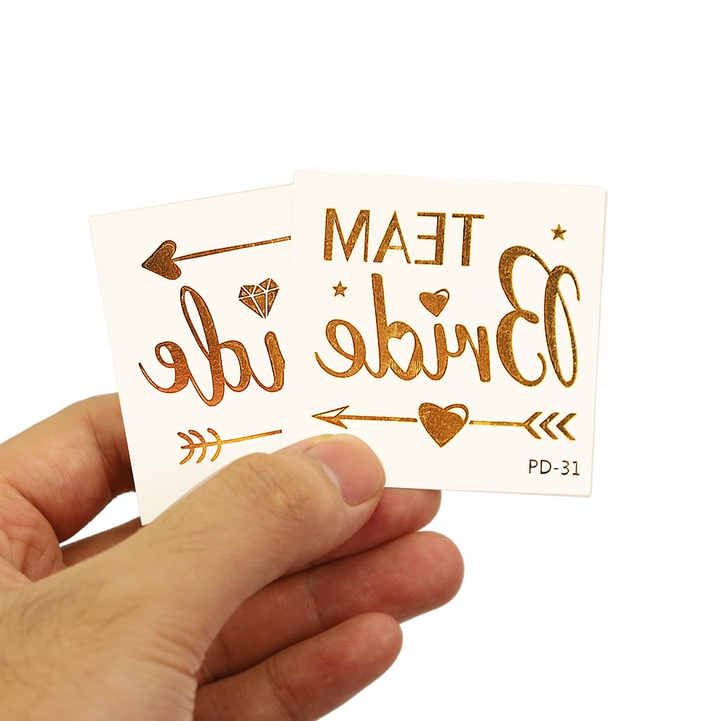 MAYCREATE 32 Sheet Bride Tribe Temporary Tattoo Stickers, Cheers Bride to be Props for Bachelorette Party, Metallic Gold Team Bride Bridesmaid Makeup Tattoos, Room Decoration